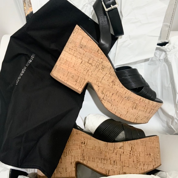 Sigerson Morrison Becca Black Leather Cork Wedge Sandal Ankle Strap Platform 9.5 - Picture 14 of 16